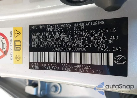 2019 Lexus Es 350 from USA, damaged, VIN 58ABZ1B17KU030106